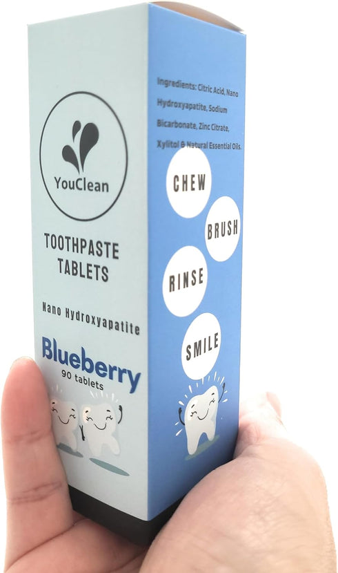 90 Toothpaste Tablets in Refill/Recycle Glass Tube - for Travel and Daily Home Office Use - Nano Hydroxyapatite, Fluoride-Free, Vegan (Blueberry90...