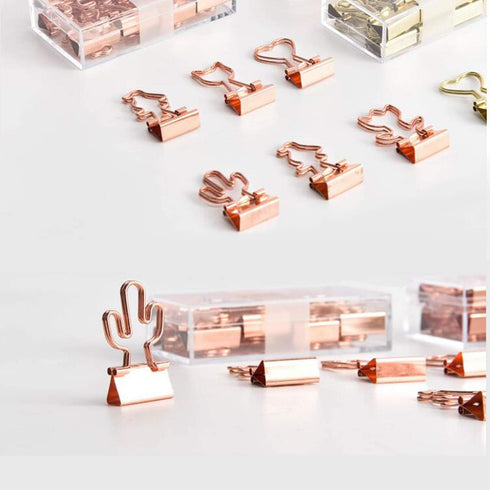 Cactus Binder Clips with Cute Rose Gold Medium Binder Clips in Acrylic Crystal Box for Office School and Home Supplies...