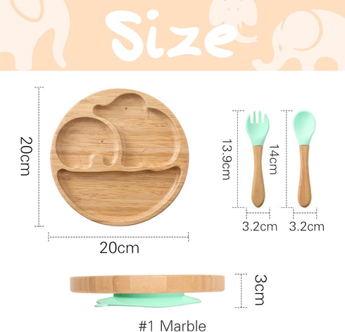 Suction Plates for Baby & Toddler, Bamboo Divided Platter Feeding Dishes with Silicone Fork& Spoon, All-Natural Baby Food Plate Stays for Baby-Led...