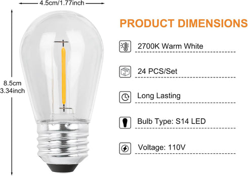 S14 LED String Light Bulbs Replacement, Edison Vintage Plastic 1W Warm White Bulb Equivalent to 11w, E26 Screw Base Shatterproof Waterproof Filame...