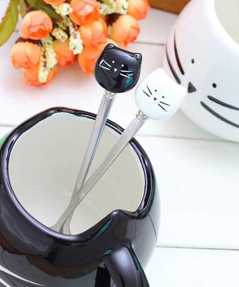 Honbay 2PCS Cute Cat Spoon Stainless Steel Tea Spoon Coffee Spoon Sugar Spoon for Cat Mug, Black and White...