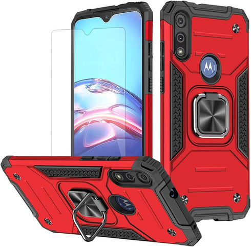 HNHYGETE for Moto E Phone Case, Motorola E Case, with HD Screen Protector, Shockproof Tough Rugged Hard Rubber Bumper with 360 Rotation Ring Kicks...
