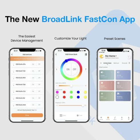 Broadlink FastCon Smart Bulb LB4E26 4-Pack, Color Changing with Music Sync, A19/E26/9W/800LM/110V, Compatible with Alexa and Google Home, GW4C Hub...