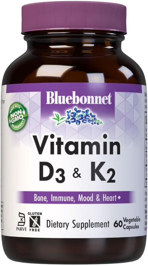 Bluebonnet Nutrition Vitamin D3 & K2, Soy-Free, for Strong-Healthy Bones*, Gluten-Free, Non-GMO, Dairy-Free, Kosher Certified, Vegetarian, 60 Vege...