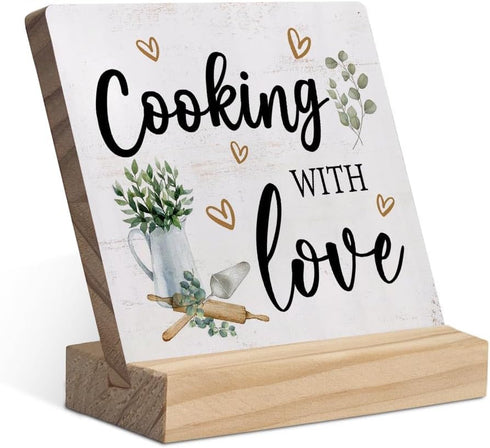 Cooking with Love Wood Plaque with Wooden Stand,Rustic Kitchen Wooden Plaque Sign Desk Decor for Home Kitchen Table Shelf Decoration...