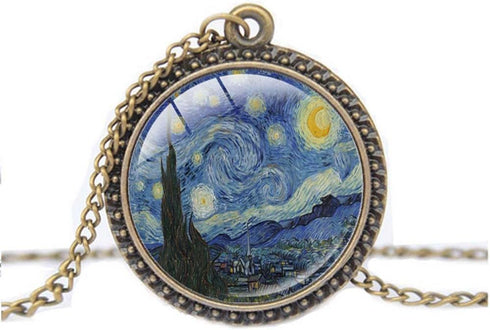 Starry Night Vincent Van Gogh Round Pendant Necklace with 26" Rolo Chain...