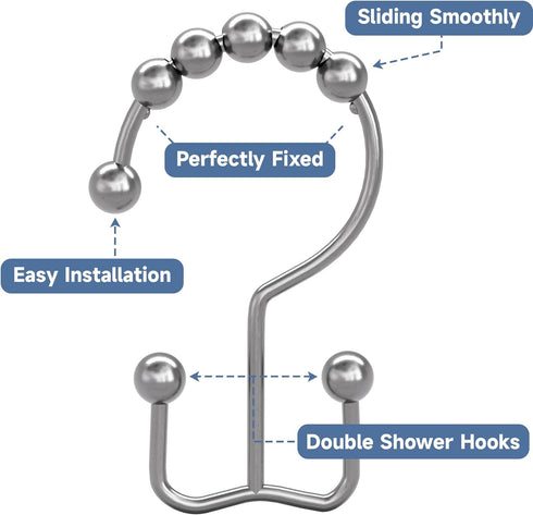 Titanker Shower Curtain Hooks Rings, Rust-Resistant Metal Double Glide Shower Hooks for Bathroom Shower Rods Curtains, Set of 12 Hooks - Chrome...