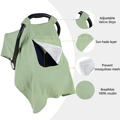 Car Seat Cover Baby, 100% Muslin Baby Car Seat Cover, 3 in 1 Carseat Sover, Carseat Cover for Baby Easy to Get in & Out...