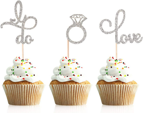 Donoter 48 Pcs Silver Glitter Diamond Ring Cupcake Toppers Love I Do Cake Picks for Wedding Engagement Party Decorations...