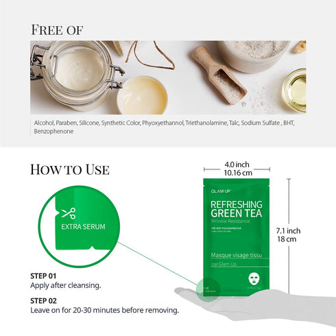 GLAM UP Sheet mask Refreshing Green Tea (10 sheets) - Revitalize Dull Skin. Dark Circle Fighter Nature made Freshly packed Daily Skin Therapy Orig...