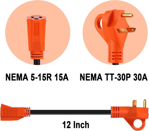 30 Amp to 15 Amp RV Adapter Cord NEMA TT-30P to NEMA 5-15R Electrical Power Adapter 30 Amp to 110 Volt RV Adapter Cord 12 Gauge Wire 12 Inch with ...