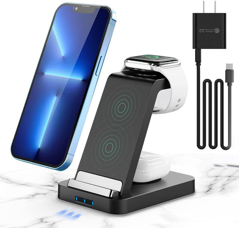 3 in 1 15W Dual Coils Wireless Charging Station, Compatible with iPhone 15/14//13/12/11/X/8 Series,Watch Series 8/7/6/SE/5/4,AirPods 3/2/Pro,and A...