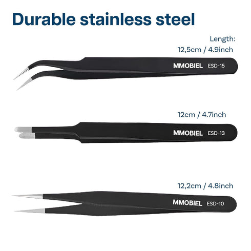 MMOBIEL 3x Industrial Precision ESD Tweezers Anti-Static Stainless Steel for Electronics Tools, Jewelry, Computer, Laboratory Work, Crafts and Hob...