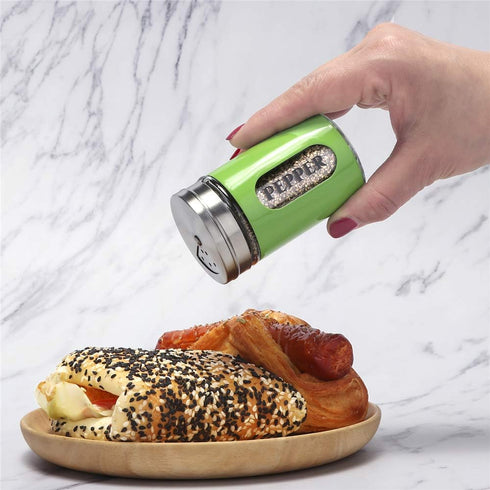 Salt and Pepper Shakers Stainless Steel and Glass Set with Adjustable Pour Holes (Green)...