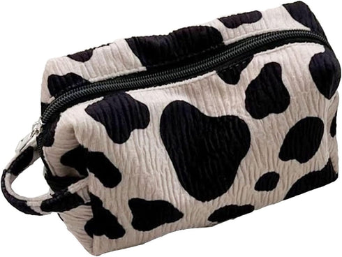 Cow Print Makeup Bag Corduroy Cosmetic Bag Cute Travel Pouch Bags White and Black Checkered Mini Makeup Purse Pouch Makeup Brushes Organizer Bag f...