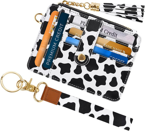 Slim Zipper Credit Card Holder with Keychain Wristlet Small RFID Leather Wallet with ID Window for Women,Cow...