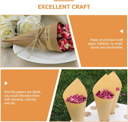HOLIDYOYO 120pcs Wedding Confetti Kraft Paper Cones,Party Vintage Cones Bouquet Petals Candy Bags Boxes Flower Holder -Kraft Paper Mache Cones...