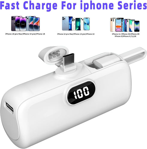Portable Capsule Mobile Power Bank - Mini USB-C Charging with Built-in Cable, Dual Input, and 18W Fast Charging - Rechargeable Power Bank for On-T...
