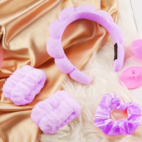 Spa Headband for Washing Face or Makeup Wristband Set,Sponge Bubble Headbands Skincare headband,Puffy Terry Cloth Hairband for Women Skin Care Mak...