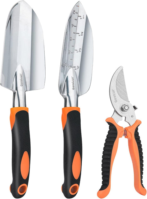 Garden Tool Set, 3PCS Sturdy Gardening Hand Tools Kit - Trowel/Shovel, Transplanter, Sharp Bypass Pruning Shears/Scissors/Clippers - Comfortable H...