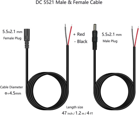 4FT DC 5.5MM x 2.1MM Male and Female Plug to Bare Wire Open End Power Wire Supply Repair Cable,Barrel Connector for CCTV Camera,DVR,LED Strip Ligh...
