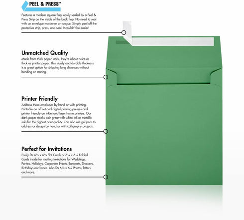 LUXPaper Square Invitation Envelopes | Peel & Press | 6 1/2" x 6 1/2" | Holiday Green | 80lb. Text | 50 Qty...