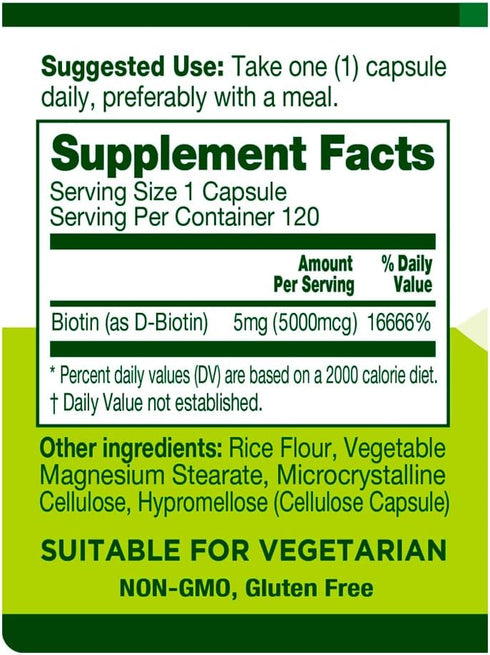 Biotin 5000 mcg Supplement – Support Healthy Hair Growth Skin Nails Energy Production 120 Veggie Capsules Vitamin B7...