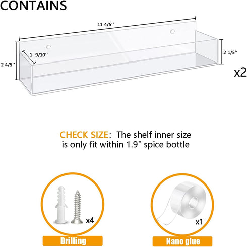 VAEHOLD Adhesive Acrylic Spice Rack with Nano Double Sided Tape Wall Mount Organizer Clear Wall Spice Rack With Shelf Ends for Kitchen Cabinet Doo...