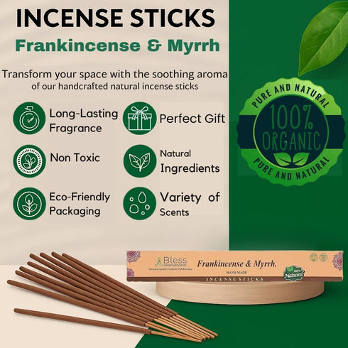 Bless-Frankincense-and-Myrrh 100%-Natural-Handmade-Hand-Dipped-Incense-Sticks Organic-Chemicals-Charcoal-Free Purification-Relaxation-Positivity-Y...