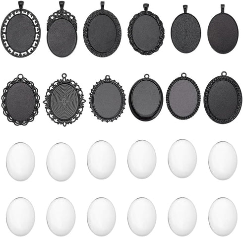 PH PandaHall 24pcs 30x40mm Pendant Trays for Jewelry Making Black Oval Blank Bezel Pendant Trays Settings and Glass Cabochon Memorial Photo Charms...