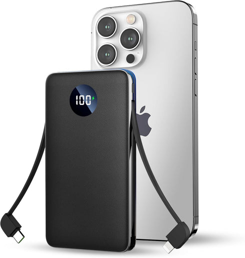 Portable charger12000mAh External Battery Packs,Ultra Slim Small Power Bank Compact with Built-in Cables,22.5W USB C Fast Charging LCD Display Clu...