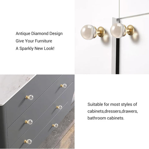5-Pack Cabinet Crystal Knobs Solid Brass Base, Drawer Round beacon Spherical Gold Knobs, 1-Inch Diameter, Modern Kitchen Cabinet Knobs Brushed Bra...