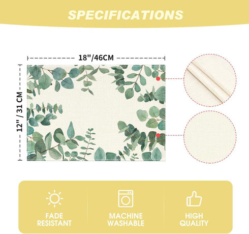Artoid Mode Eucalyptus Leaves Summer Placemats for Dining Table, 12 x 18 Inch Spring Seasonal Holiday Rustic Vintage Washable Table Mats Set of 4 ...