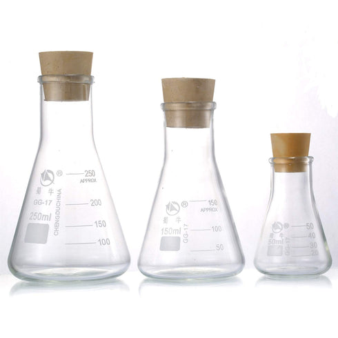 Glass Erlenmeyer Flask Set, (250 ml, 150 ml & 50 ml) Graduated Borosilicate Glass Erlenmeyer Flasks with Rubber Stoppers & Accurate Scales for Lab...