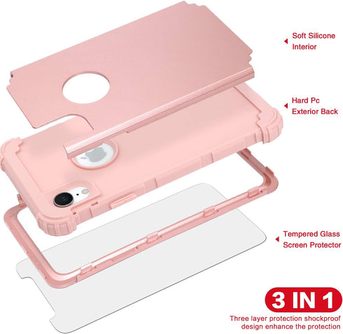 IDweel for iPhone XR Case with Tempered Glass Screen Protector for Women, 3 in 1 Shockproof Slim Hybrid Heavy Duty Hard PC Cover Soft Silicone Bum...