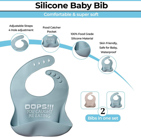 Set of 2 Waterproof Silicone Baby Bibs | Mess-Free Mealtime, Adjustable Buttons, Extra-Wide Pocket |...