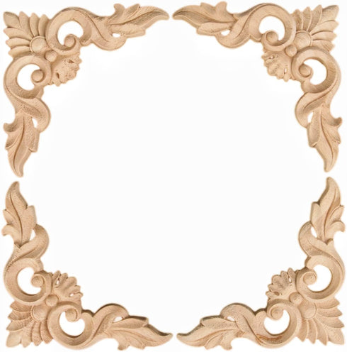 MUXSAM 4Pcs Wood Carved Appliques Onlays, Unpainted Little Wooden Corners Flower Carvings Decals for Mirrors Cabinets Walls Doors Chests Dressers ...