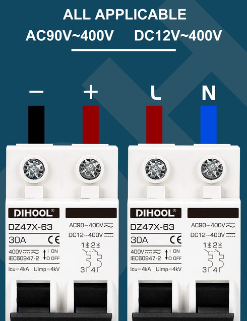 30 Amp 12V-400V AC DC Miniature Circuit Breakers (10A 15A 20A 25A 40A 50A 60A Optional) for Solar Panel PV System - Disconnect Switch, AC 110V DIN...