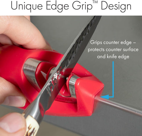 50883 - Edge Grip 2-Stage Knife Sharpener - Red - Coarse & Fine Sharpeners - Compact - Stable Non-Slip Base - Soft Grip Rubber Handle - Straight &...
