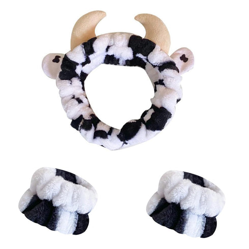 3 PCS Spa Headband Cow Print Ears for Face Washing, Cute Cow Plush Wash Face Elastic Headbands Women Girls Makeup Skincare Bath Head Wrap Kids Cos...
