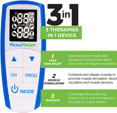 AccuRelief Complete 3-in-1 TENS Unit, EMS, Massager Device - Pain Relief Electric Muscle Stimulator with 4 Electrodes for Neck, Back, and Full Bod...
