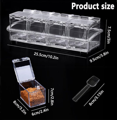 Seasoning Box Set, 4 Piece Clear Acrylic Spice Pots, Jars Condiment Containers with Cover and Spoon Seasoning Rack Storage Container Kitchen Cooki...