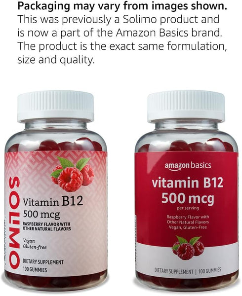 Amazon Basics Vitamin B12 500 mcg Gummies - Normal Energy Production and Metabolism, Immune System Support, Raspberry, 100 Count (2 per Serving) (...
