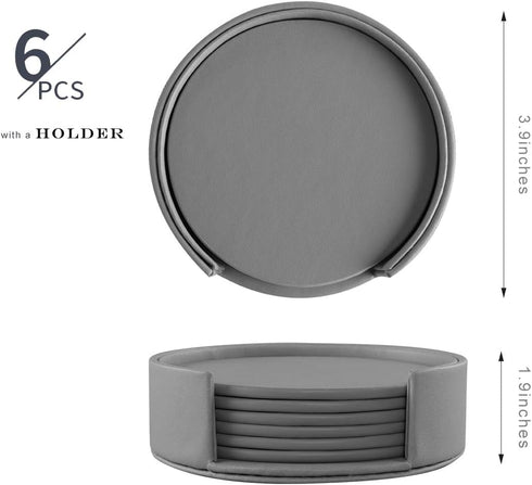 6 Pieces Grey Coasters, Coasters for Drinks with a Holder Cup Mat Pad Protect Furniture from Coffee or Tea Marks(Grey, Round)...