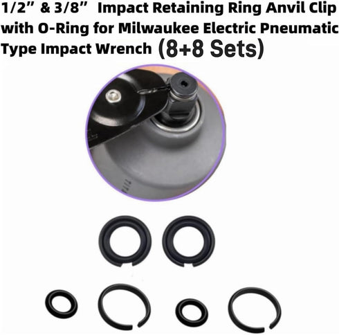 (8+8 Sets 1/2” & 3/8" Impact Retaining Ring Clip Friction Ring Hog Ring with O-Ring for Milwaukee Electric Pneumatic Type Impact Wrench...