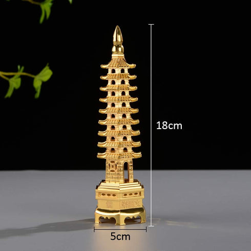 BRABUD 7'' Alloy Fengshui 9 Level Pagoda Wenchang Tower Statue Protection Business Rises Desk Decor Collectible Golden Color ZD112...