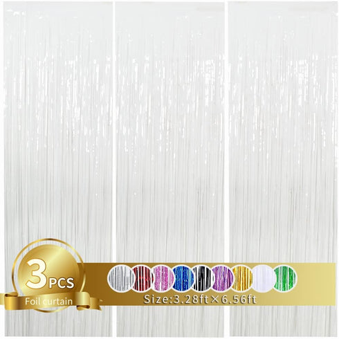3Pcs White Metallic Tinsel Foil Fringe Curtains, 3.28ft x 6.56ft White Photo Booth Backdrop Streamer Curtain,Photo Booth Props, Bachelorette Party...