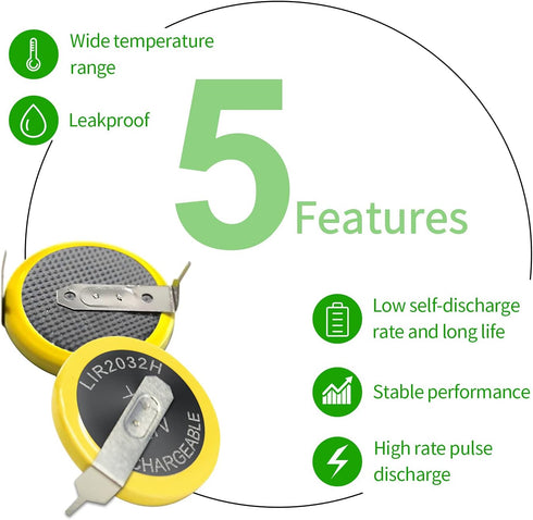 EEMB 5PCS LIR2032H Rechargeable Battery 70mah 3.7V Lithium-ion Coin Button Cell Batteries with Solder Tabs...