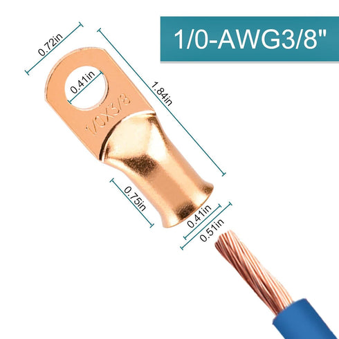 8PCS Battery Cable Ends, 1/0 Gauge Wire Connectors 3/8 Copper Wire Lugs, Bare Copper Eyelets with Heat Shrink Tubing by HOUSUN...