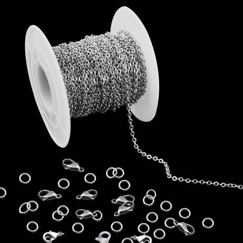 33 Feet Stainless Steel Jewelry Chains for Jewelry Making - Silver Chain Roll with 40 Pieces Open Jump Rings & 20 Pieces Lobster Clasps - Silver N...